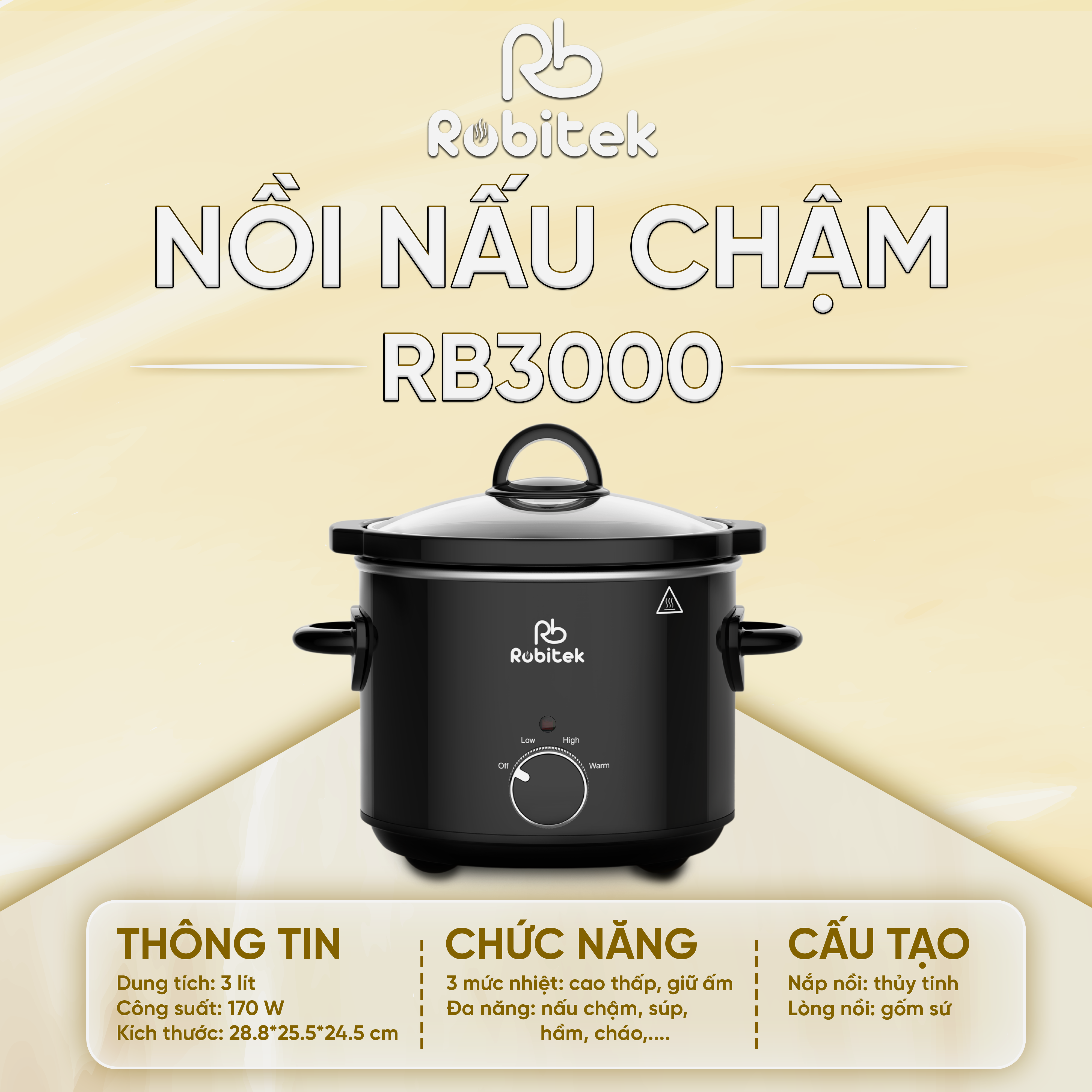 NỒI NẤU CHẬM ROBITEK RB3000 &amp; RB4000 – DUNG TÍCH 3L, 4L – NINH HẦM THỊT TIỆN LỢI, PHÙ HỢP CHO GIA ĐÌNH